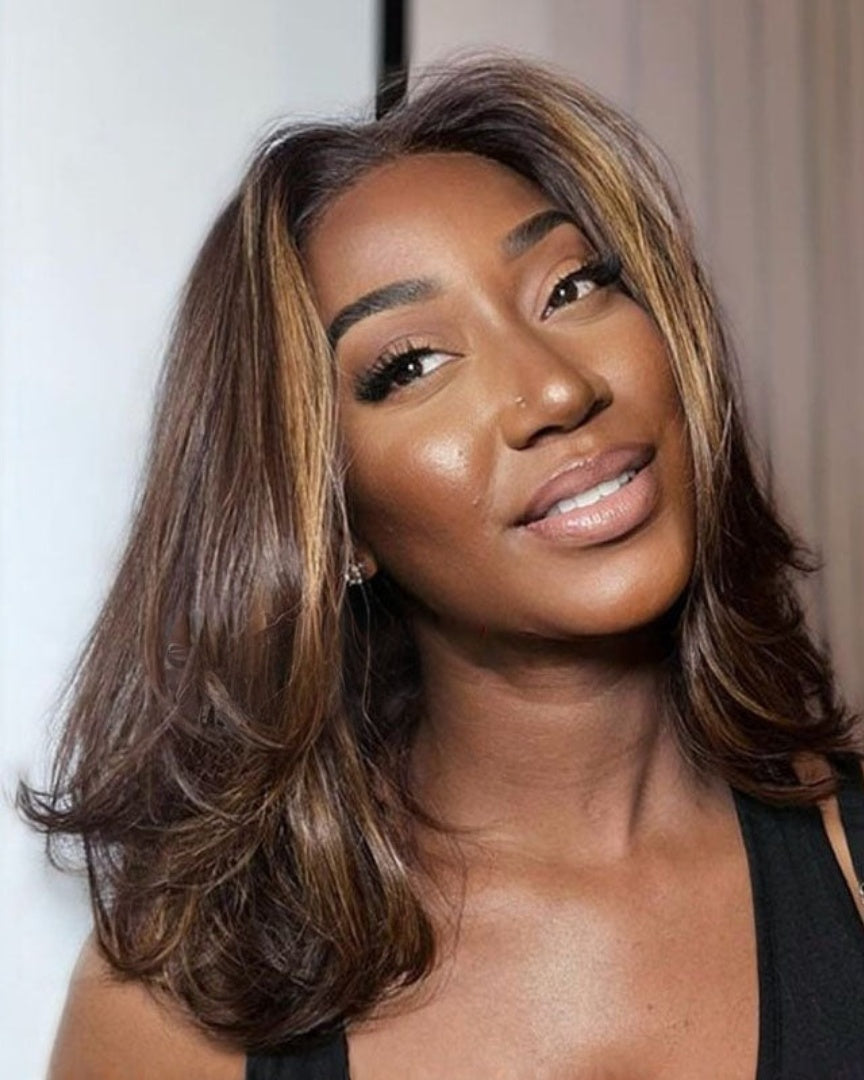 Perruque Bob Lace Front Wig courte superposée à reflets blonds