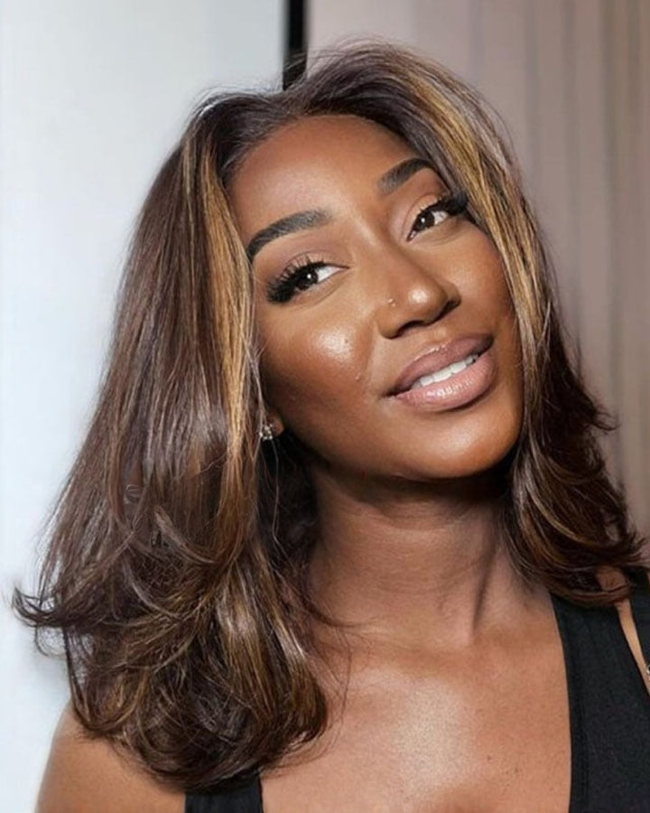 Perruque Bob Lace Front Wig courte superposée à reflets blonds