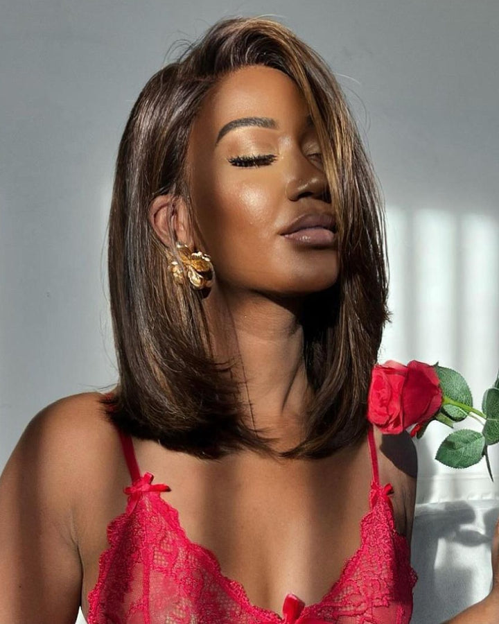 Perruque Bob Lace Front Wig courte superposée à reflets blonds