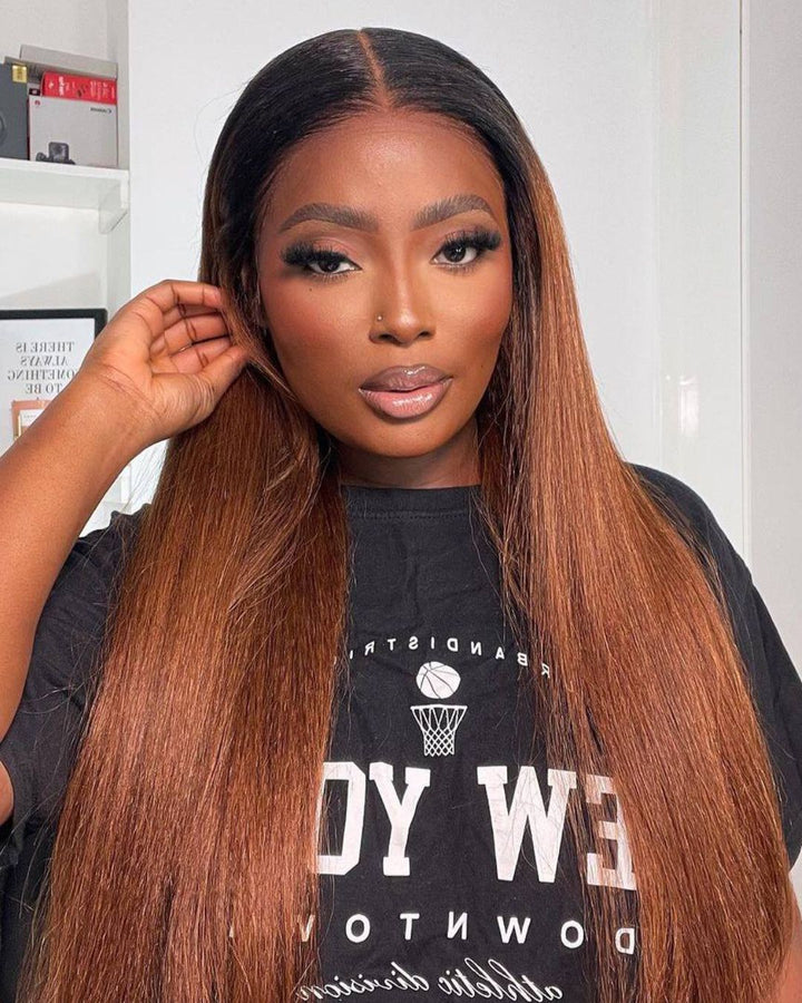 Perruque Lace Front Wig crépue ondulée brune ombrée à racines noires