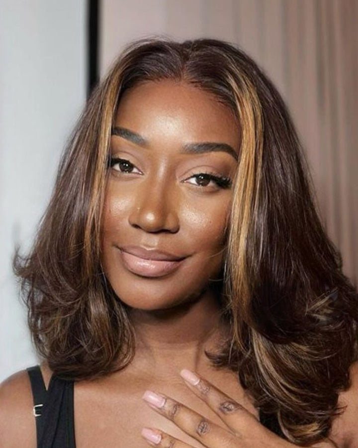 Perruque Bob Lace Front Wig courte superposée à reflets blonds