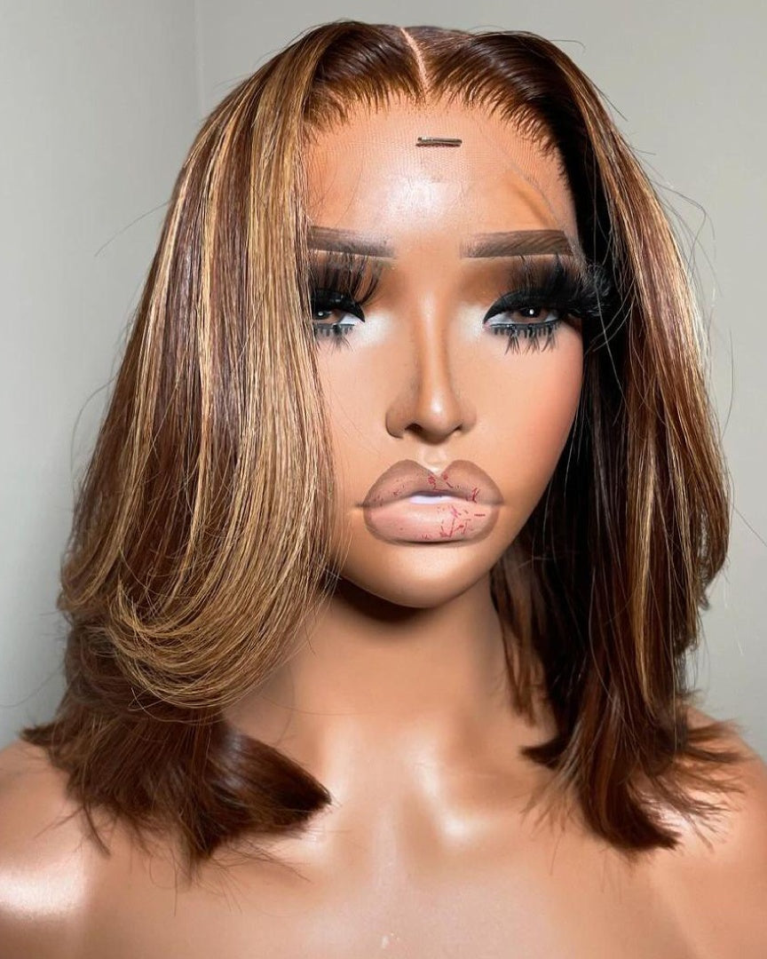Perruque Bob Lace Front Wig courte superposée à reflets blonds