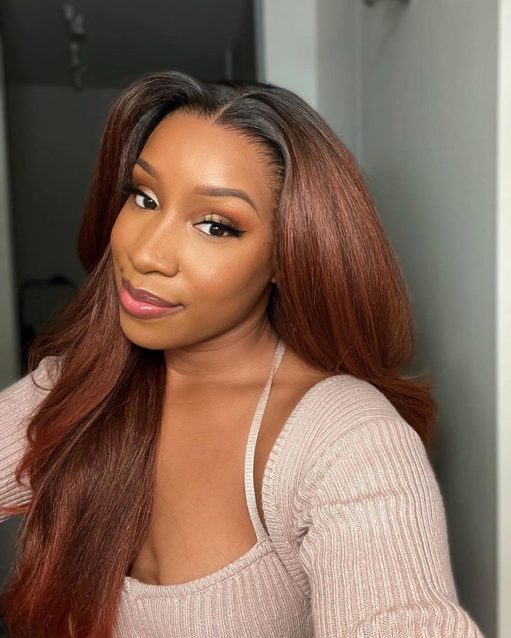 Perruque Lace Front Wig crépue ondulée brune ombrée à racines noires