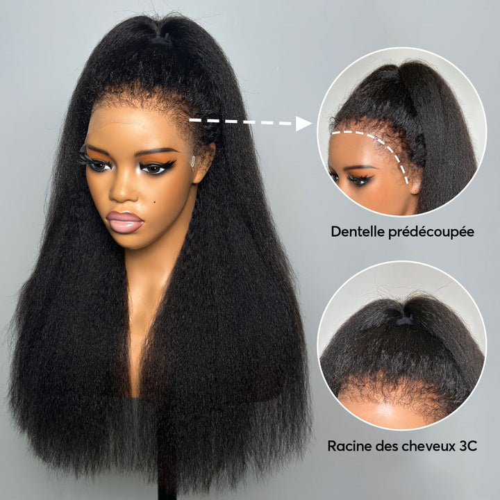 Délié hybride sans colle avec perruque crépue droite 9x4 HD Lace Front