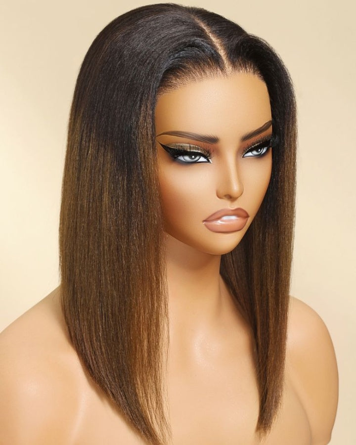 Perruque en dentelle prédécoupée Yaki lisse 5x5 couleur châtain ombré