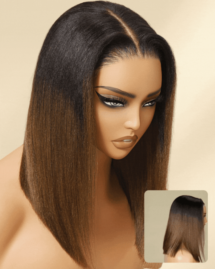 Perruque en dentelle prédécoupée Yaki lisse 5x5 couleur châtain ombré