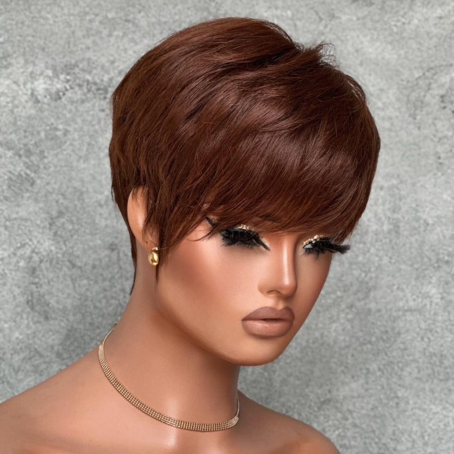 Perruque de cheveux humains coupe Pixie brune avec frange