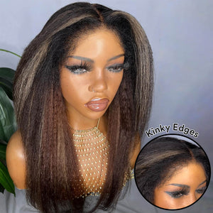 Perruque Lace Front Wig Kinky Straight Kinky Edges à reflets