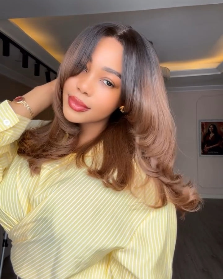 Perruque avec frange dégradée papillon marron ombré et fermeture en dentelle 5x5