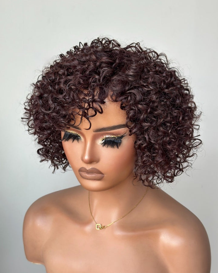 Perruque bouclée brune coupe pixie bob 100% cheveux humains