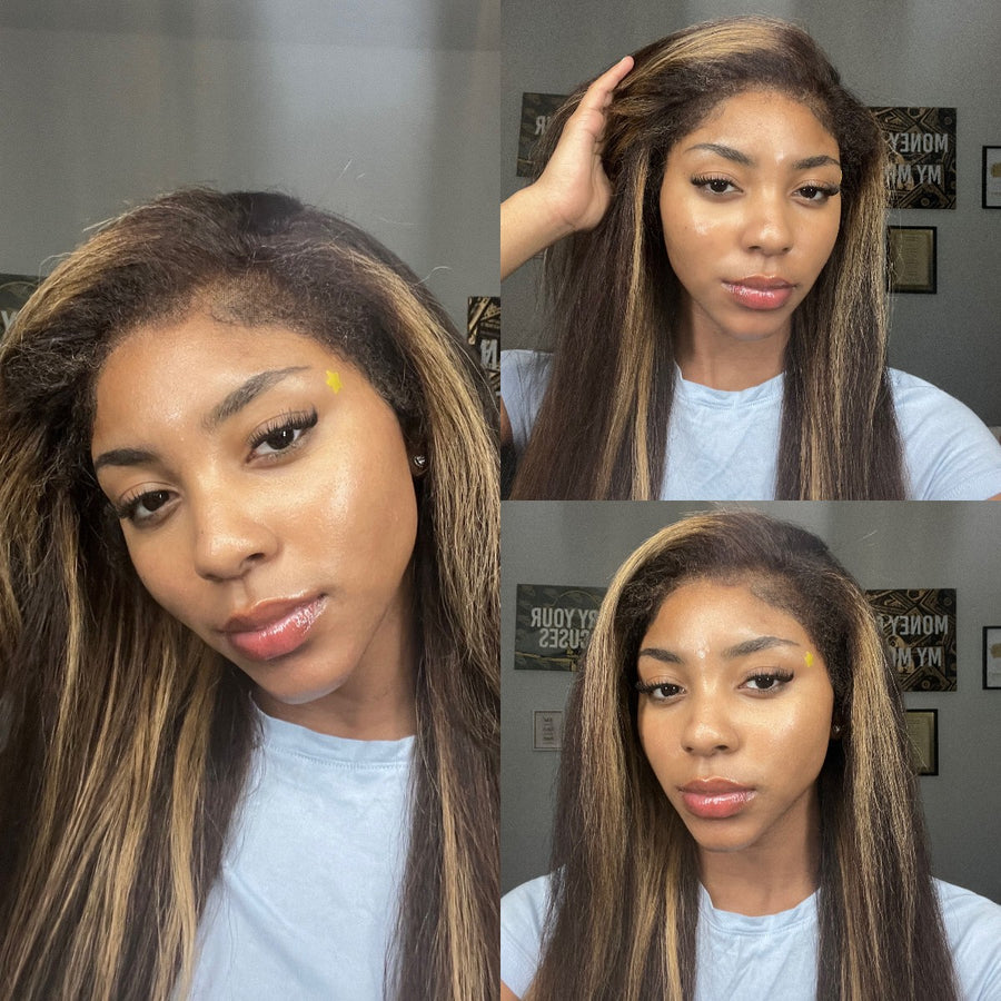 Perruque Lace Front Wig Kinky Straight Kinky Edges à reflets