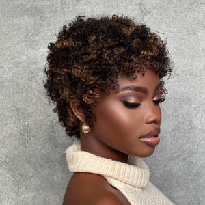 PERRUQUE COURTE LÉGÈRE SANS COLLE À FAITS SAILLANTS BLONDES BOUCLES AFRO