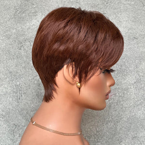 Perruque de cheveux humains coupe Pixie brune avec frange