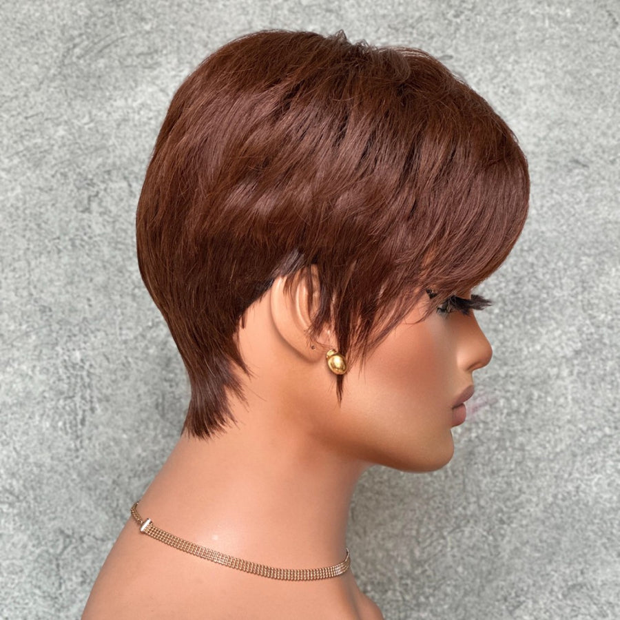 Perruque de cheveux humains coupe Pixie brune avec frange