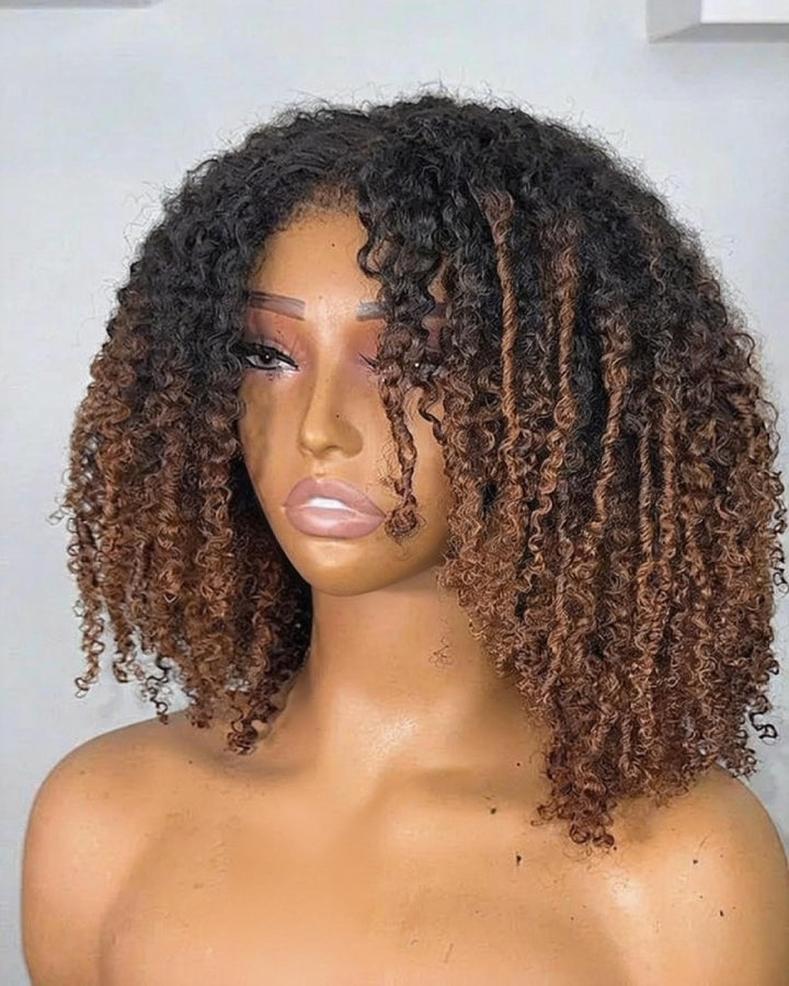 Perruque lace front afro bouclée marron ombré avec bords crépus