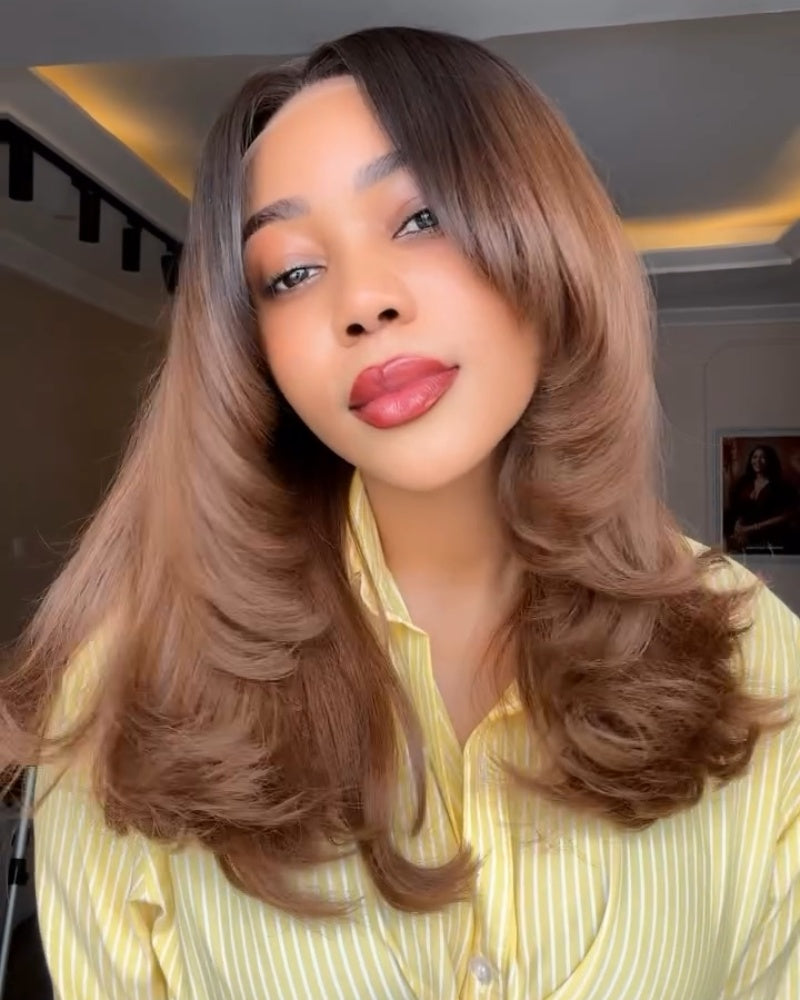 Perruque avec frange dégradée papillon marron ombré et fermeture en dentelle 5x5