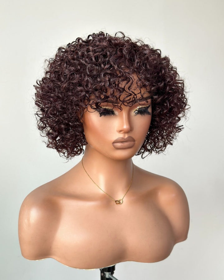 Perruque bouclée brune coupe pixie bob 100% cheveux humains