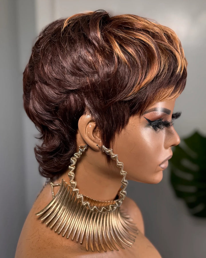 Perruque coupe loup avec mèches rousses et brunes et frange