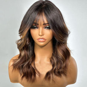 Perruque Lace Closure Wig 5x5 à reflets brun ombré avec frange