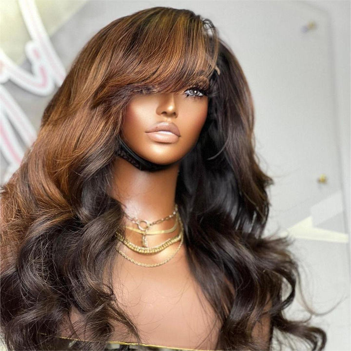 Perruque Lace Closure Ombre Miel Brun Clair avec Frange Rideau Longue en Couches