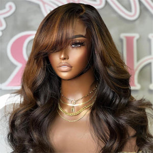 Perruque Lace Closure Ombre Miel Brun Clair avec Frange Rideau Longue en Couches