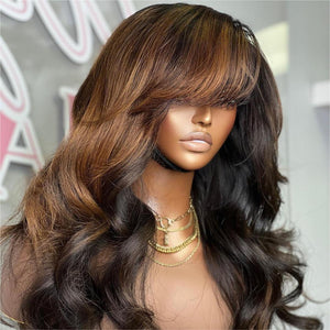 Perruque Lace Closure Ombre Miel Brun Clair avec Frange Rideau Longue en Couches