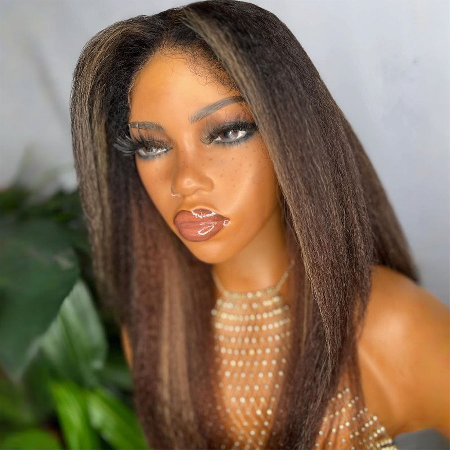 Perruque Lace Front Wig Kinky Straight Kinky Edges à reflets