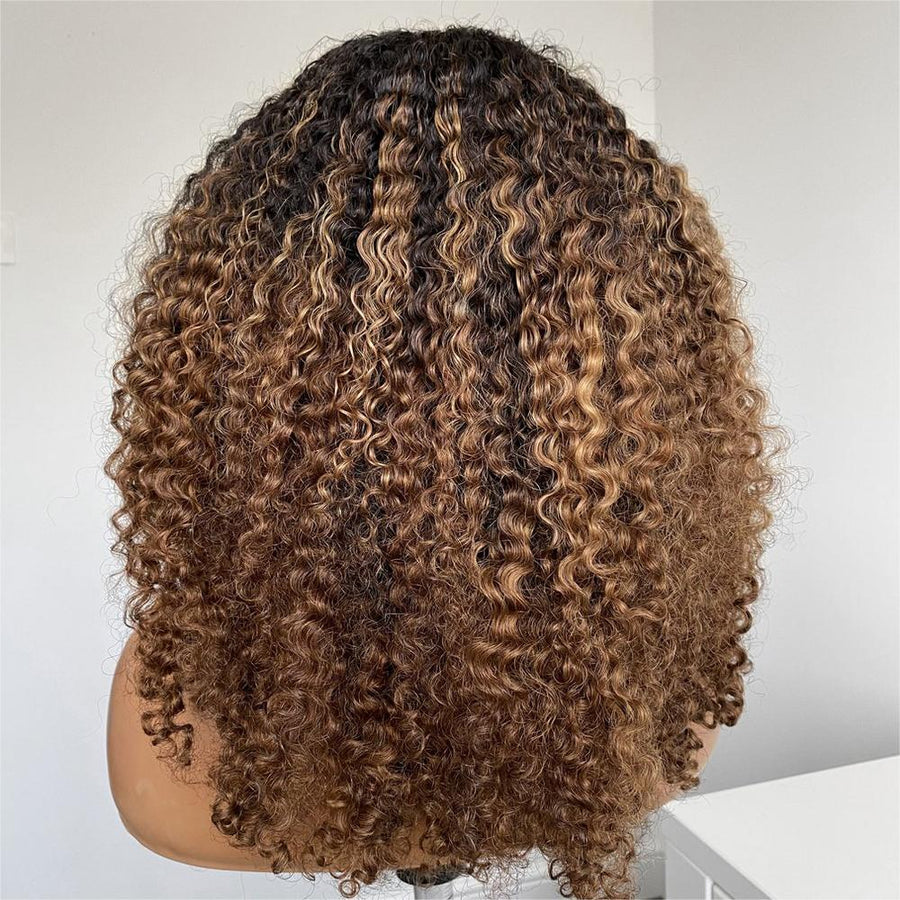 Perruque Ombre Marron avec Mèches Blondes, Frange et Boucles Frisées, Fermeture 4x4