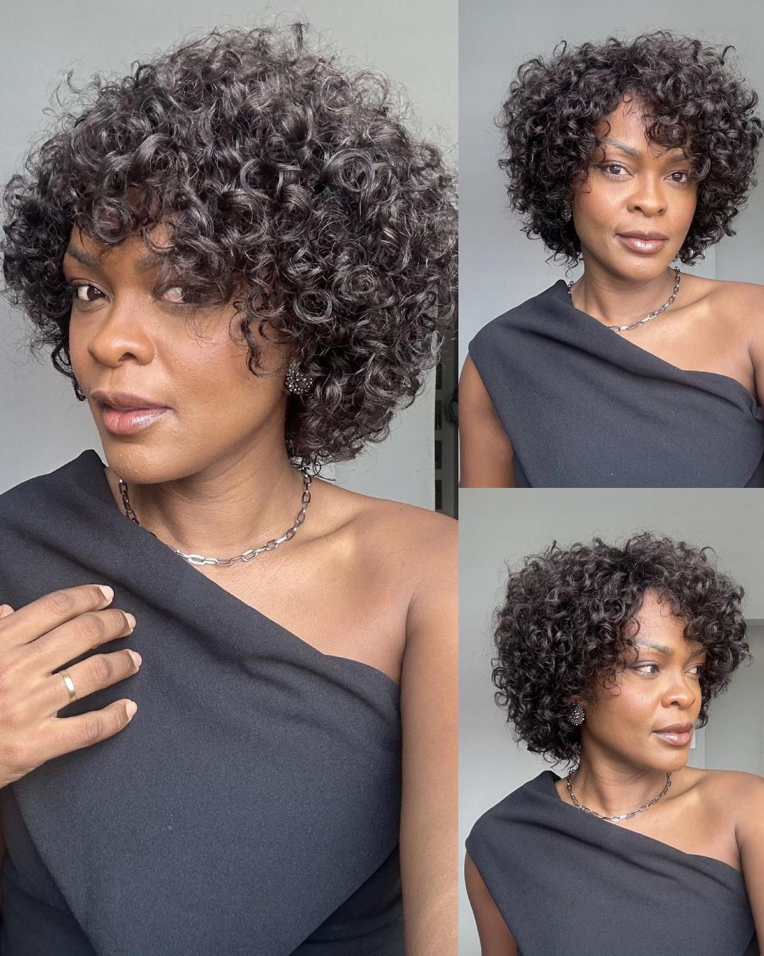 Perruque courte bouclée tendance avec frange sans colle 100 % cheveux humains