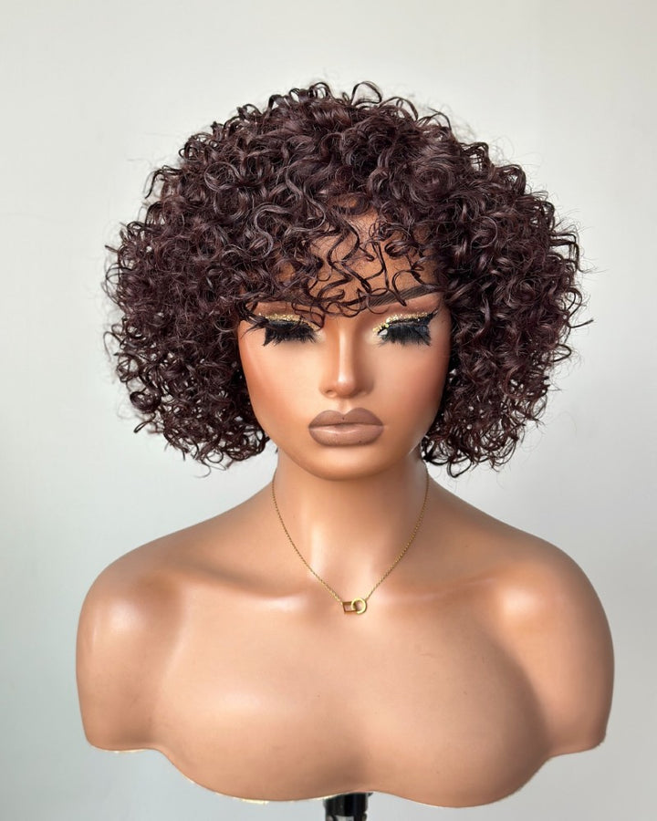 Perruque bouclée brune coupe pixie bob 100% cheveux humains