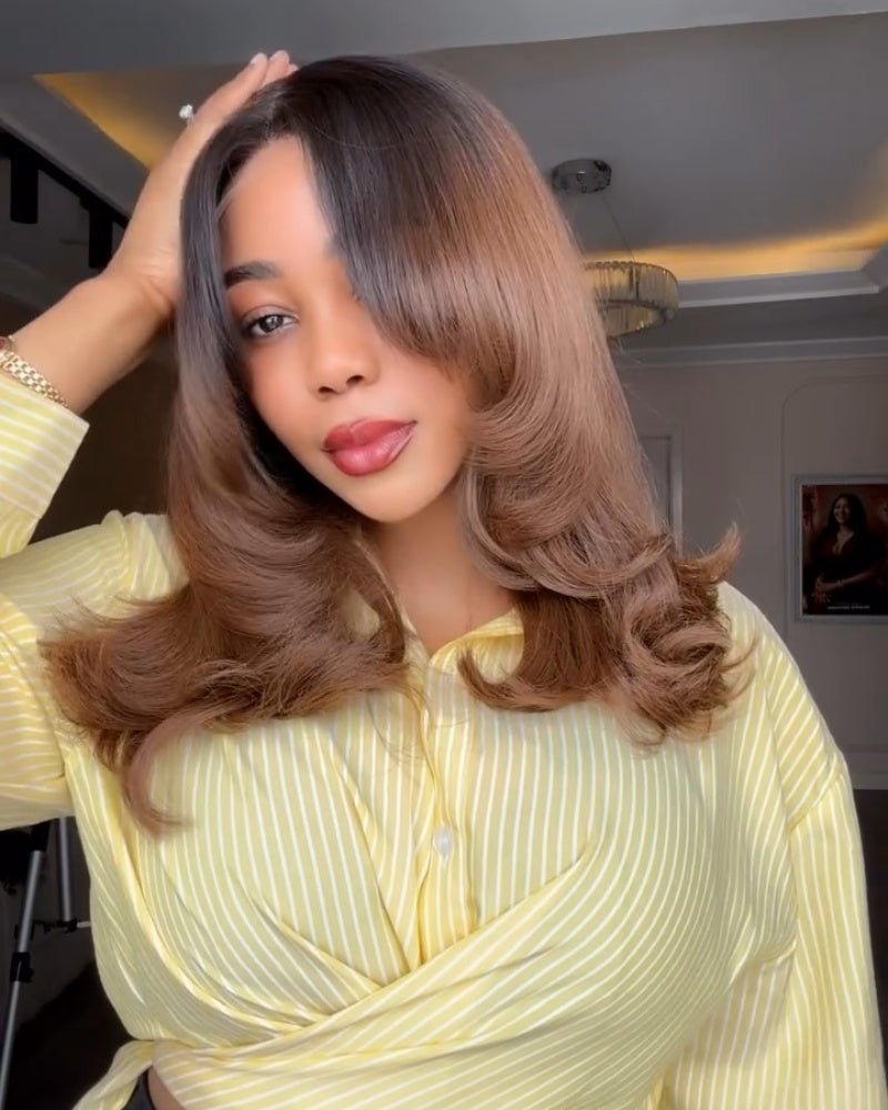 Perruque avec frange dégradée papillon marron ombré et fermeture en dentelle 5x5