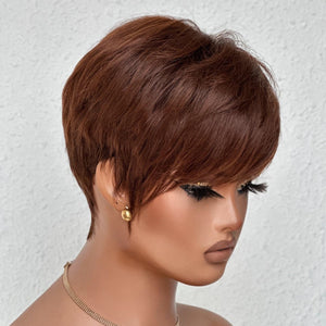 Perruque de cheveux humains coupe Pixie brune avec frange