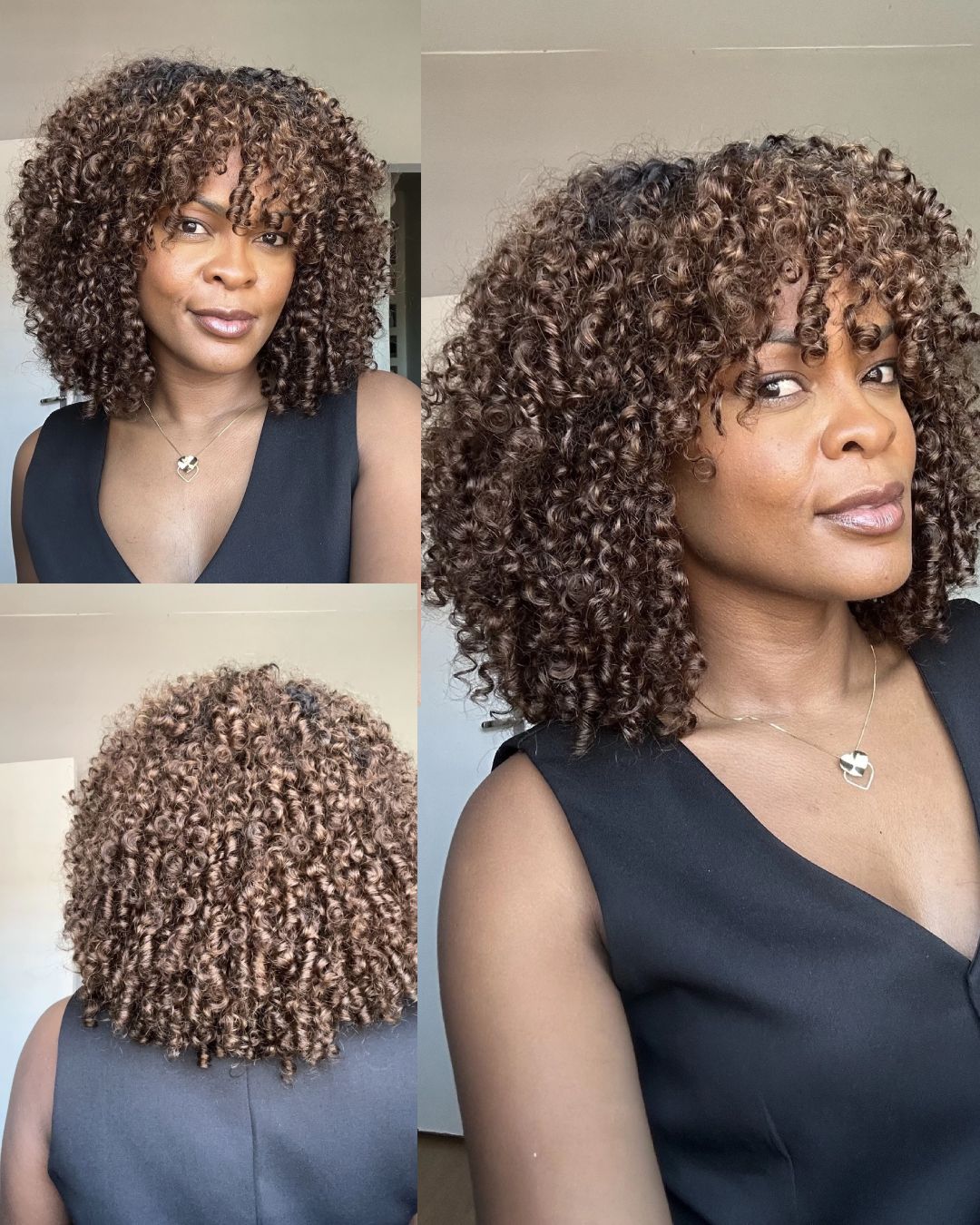 Perruque sans colle avec frange bouclée chocolat doré