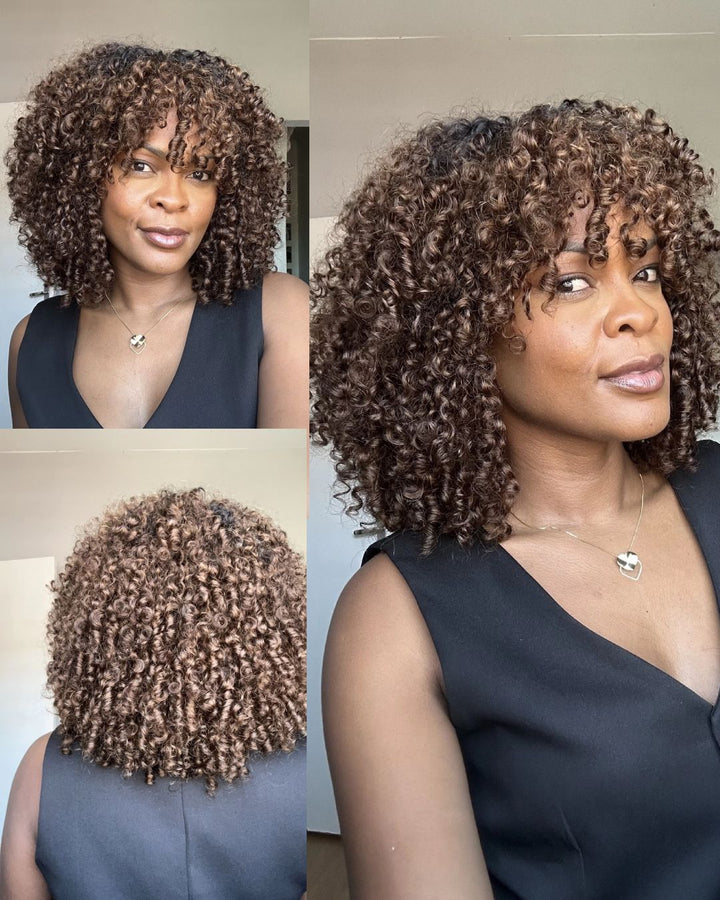 Perruque sans colle avec frange bouclée chocolat doré