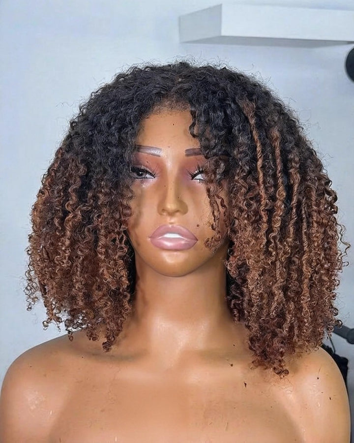 Perruque lace front afro bouclée marron ombré avec bords crépus