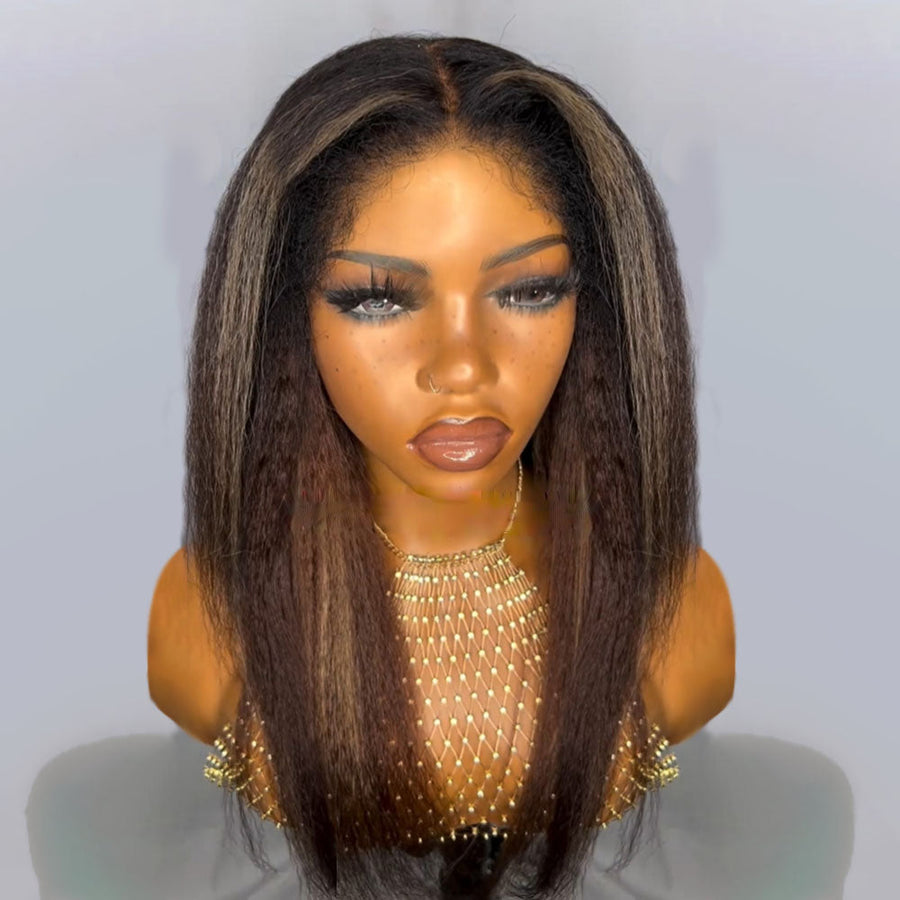 Perruque Lace Front Wig Kinky Straight Kinky Edges à reflets