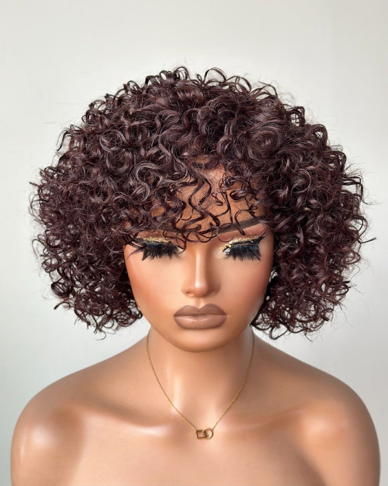 Perruque bouclée brune coupe pixie bob 100% cheveux humains