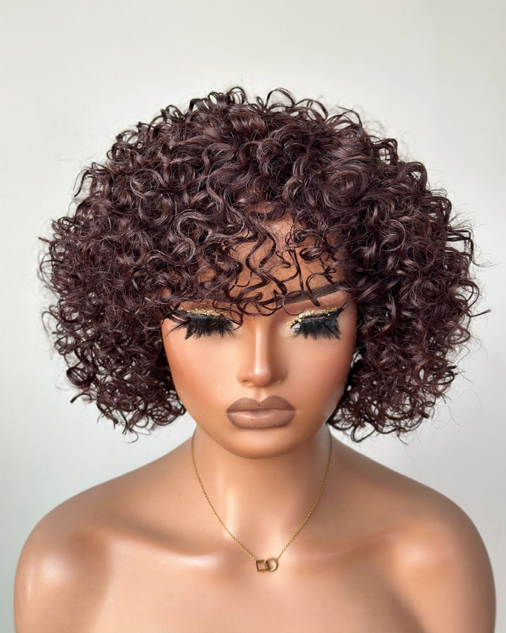 Perruque bouclée brune coupe pixie bob 100% cheveux humains