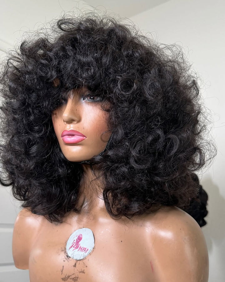 Perruque Bob bouclée volumineuse sans colle avec frange