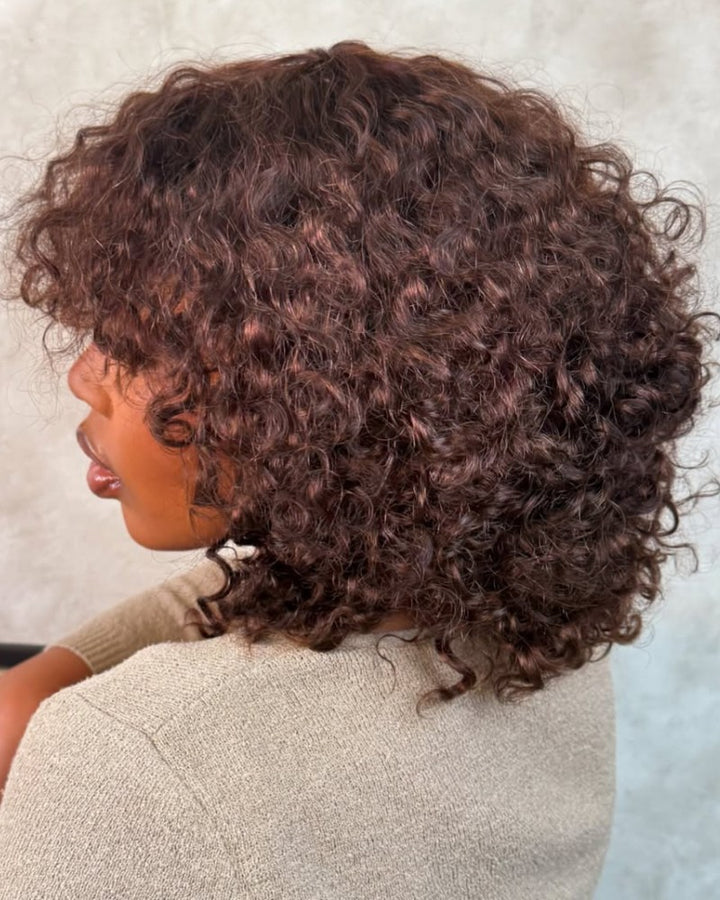 Perruque à frange sans colle Rose Curl marron chocolat