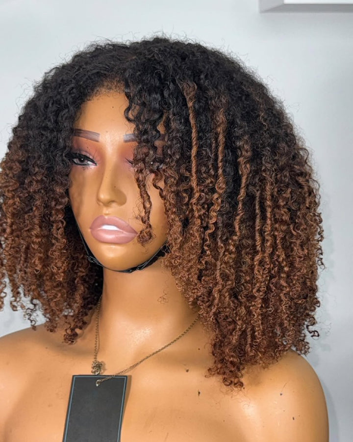 Perruque lace front afro bouclée marron ombré avec bords crépus