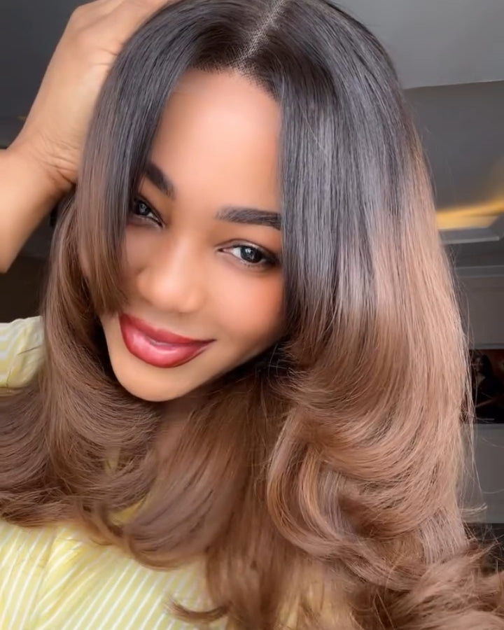 Perruque avec frange dégradée papillon marron ombré et fermeture en dentelle 5x5