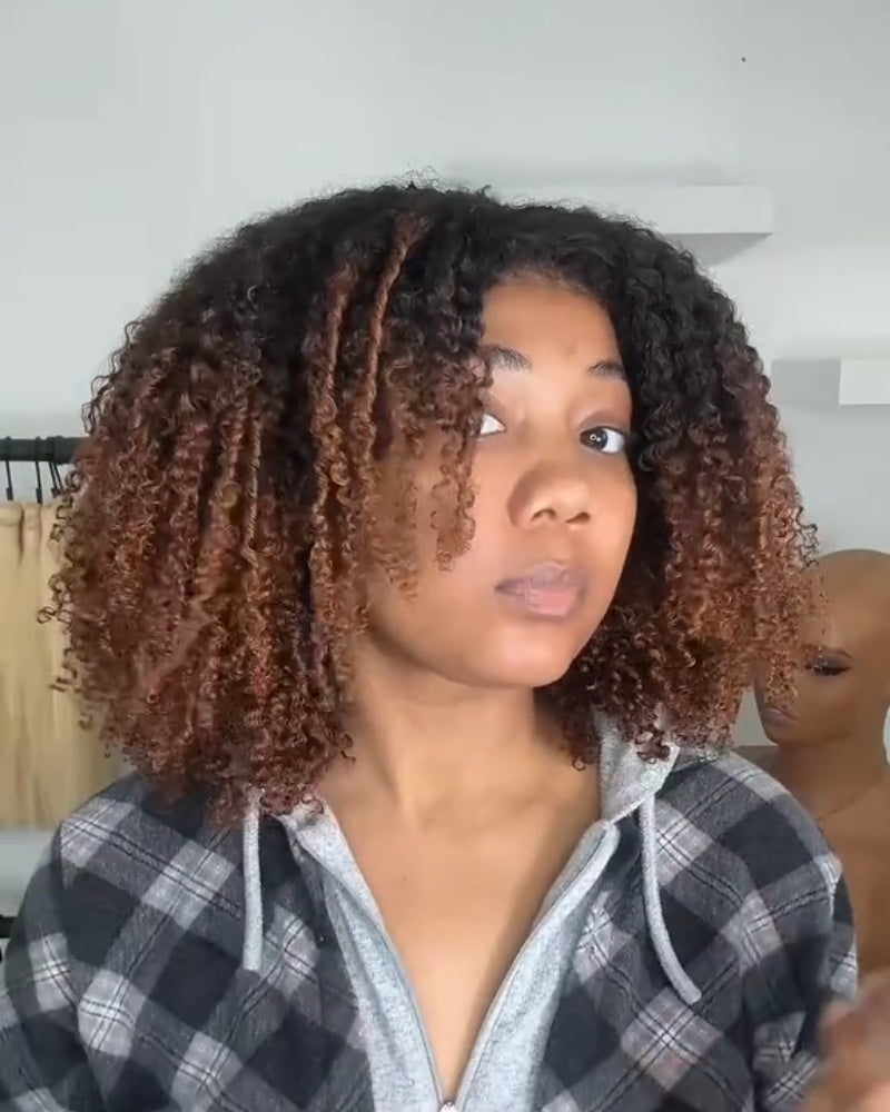 Perruque lace front afro bouclée marron ombré avec bords crépus