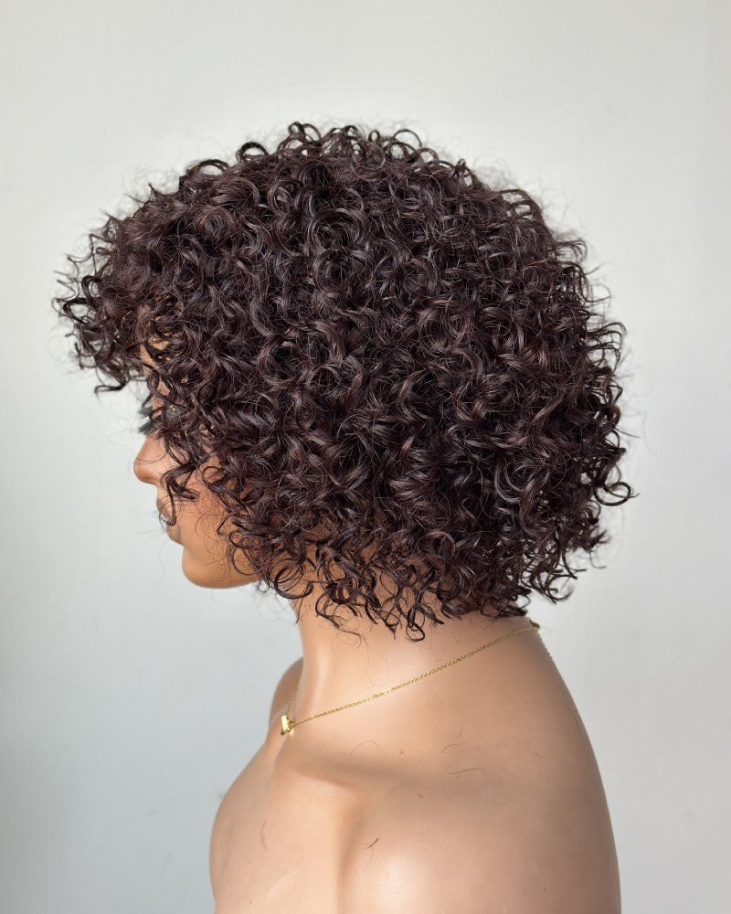 Perruque bouclée brune coupe pixie bob 100% cheveux humains