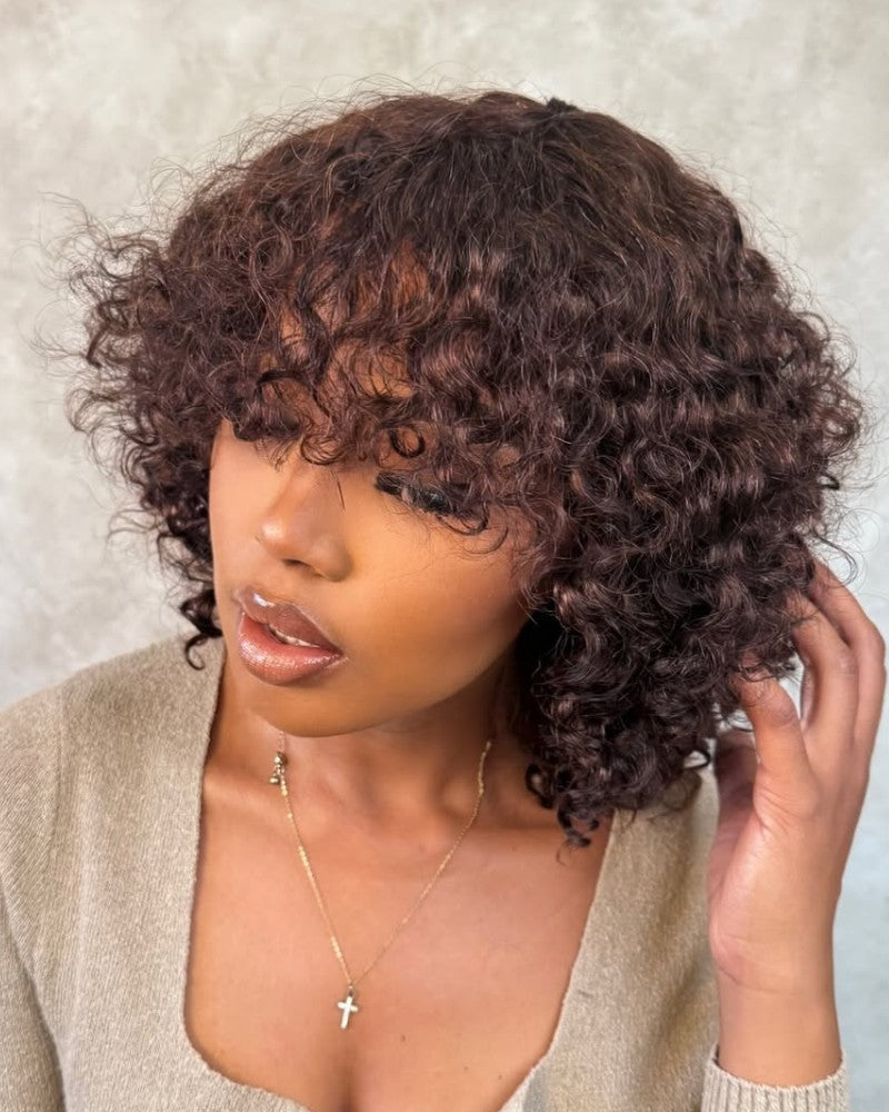 Perruque à frange sans colle Rose Curl marron chocolat