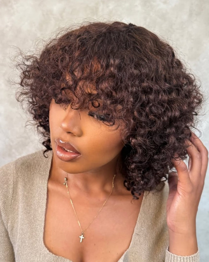 Perruque à frange sans colle Rose Curl marron chocolat