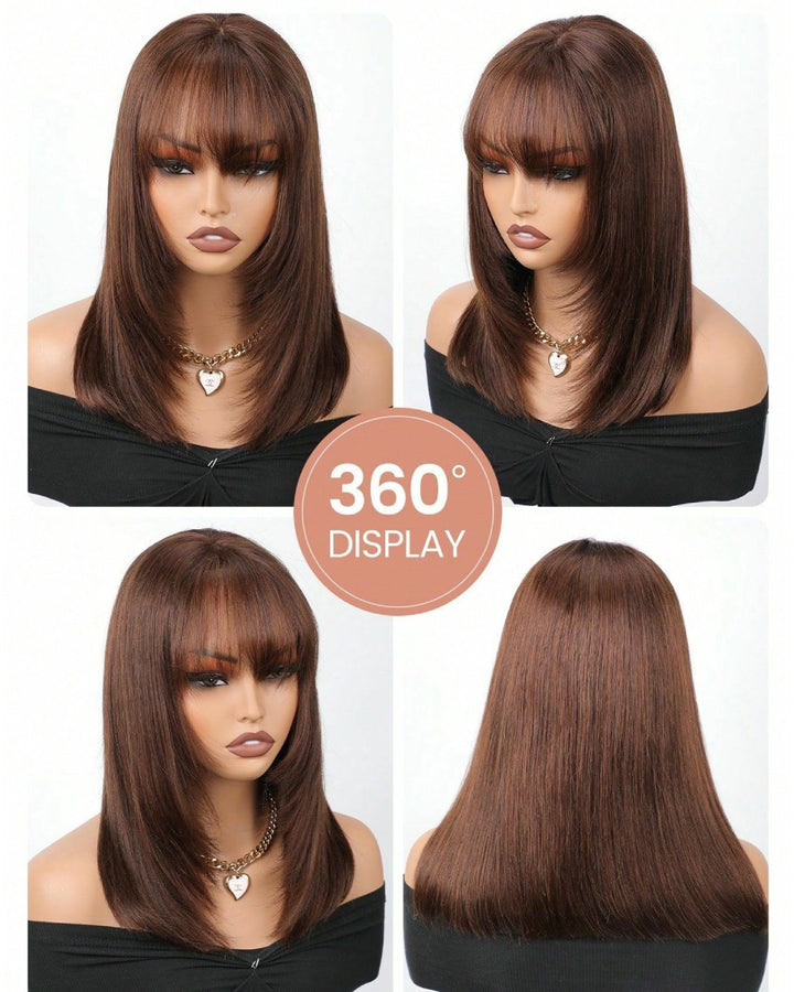 Perruque en dentelle 5x5 lisse avec frange dégradée brune