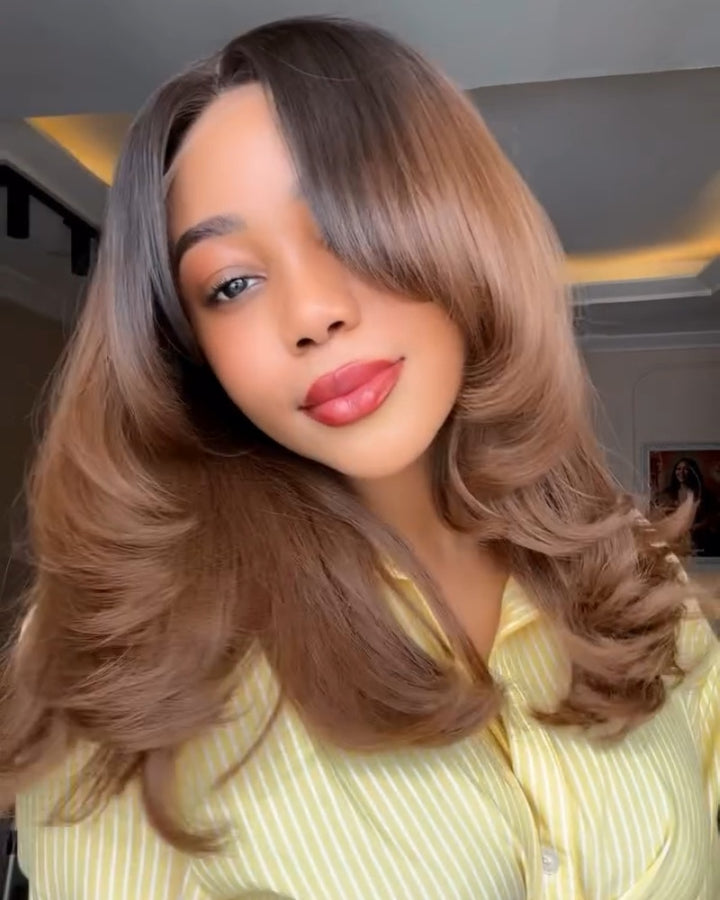 Perruque avec frange dégradée papillon marron ombré et fermeture en dentelle 5x5