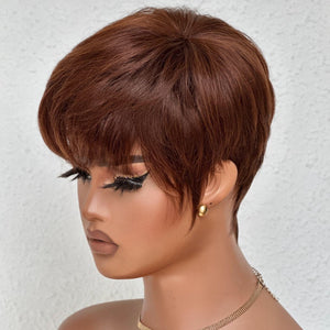 Perruque de cheveux humains coupe Pixie brune avec frange