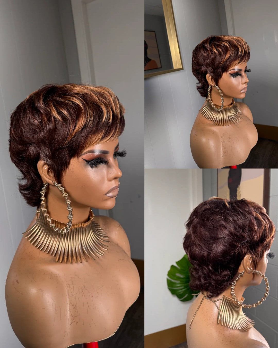 Perruque coupe loup avec mèches rousses et brunes et frange